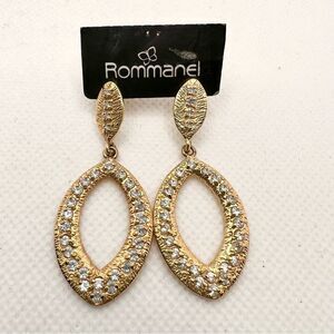 New Rommanel gold tone rhinestone studded dangle post leaf earrings